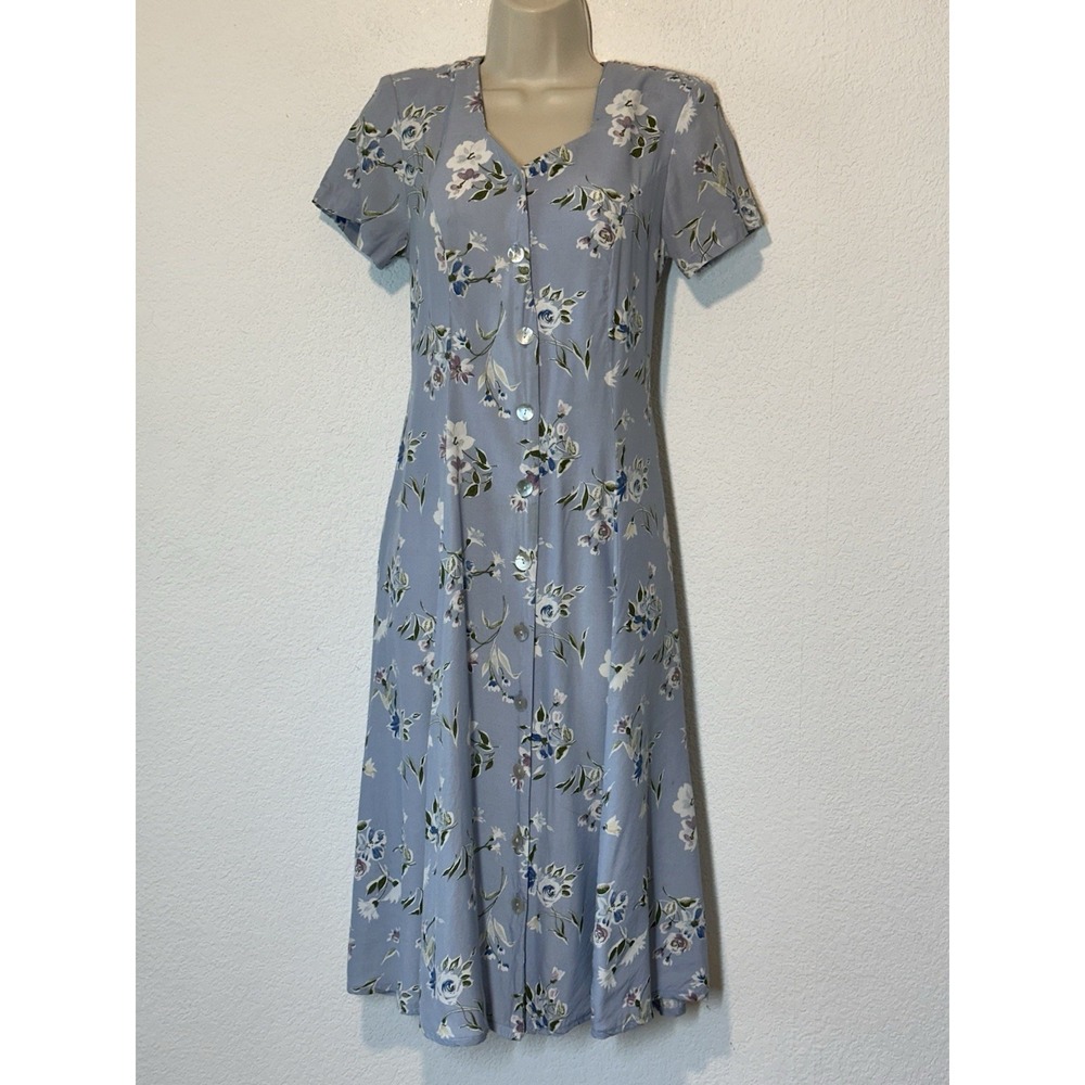Vtg 90s Metropolitan NY Blue Floral Midi Dress Sz 4 Corset Lace‎ Up Back Cottage